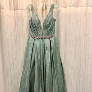 Shimmering Teal Evening Gown with Embellished Waist